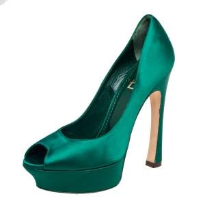 Pre Owned Yves Saint Laurent Green Satin Palais Platform Peep Toe Pumps Size 39