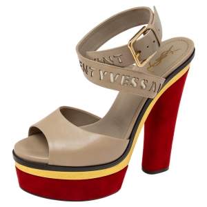 Pre Owned Yves Saint Laurent Multicolor Leather And Suede Platform Ankle Wrap Sandals Size 38.5