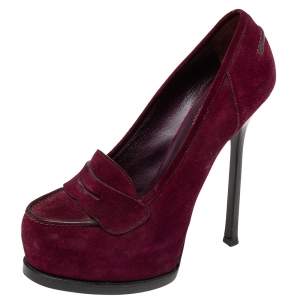 Pre Owned Yves Saint Laurent Purple Suede Tribtoo Penny Loafer Platform Pumps Size 38