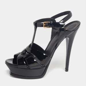 Pre Owned Yves Saint Laurent Black Patent Leather Tribute Ankle Strap Platform Sandals Size 37.5