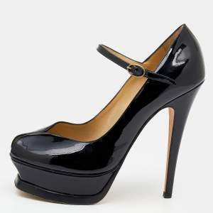 Pre Owned Yves Saint Laurent Black Patent Leather Peep Toe Platform Mary Jane Pumps Size 36.5
