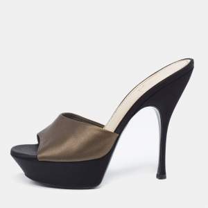 Pre Owned Yves Saint Laurent Black/Green Satin Platform Slide Sandals Size 40