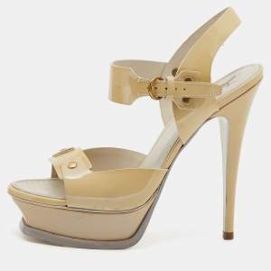 Pre Owned Yves Saint Laurent Cream Patent Leather Platform Ankle Strap Sandals Size 38