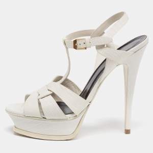 Pre Owned Saint Laurent White Lizard Embossed Leather Tribute Platform Sandals Size 39