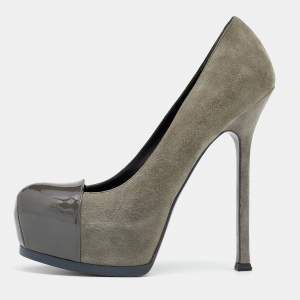 Pre Owned Yves Saint Laurent Grey Suede And Patent Leather Tribtoo Platform Pumps Size 38