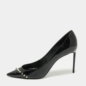 Pre Owned Yves Saint Laurent Black Patent Leather Zoe Studded Pointed Toe Pumps Size 38