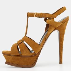 Pre Owned Saint Laurent Mustard Yellow Suede Tribute Ankle Strap Platform Sandals Size 37.5