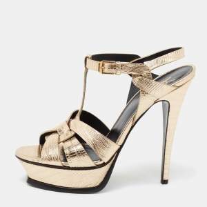 Pre Owned Yves Saint Laurent Metallic Gold Lizard Embossed Leather Tribute Ankle Strap Platform Sandals Size 39