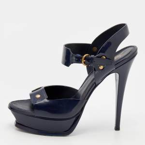 Pre Owned Yves Saint Laurent Navy Blue Patent Leather Studded Ankle Strap Platform Sandals Size 40