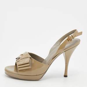 Pre Owned Yves Saint Laurent Olive Green Patent Leather Bow Platform Slingback Sandals Size 40