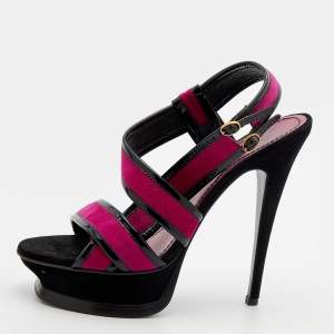 Pre Owned Yves Saint Laurent Pink/Black Suede And Patent Leather Platform Sandals Size 37.5