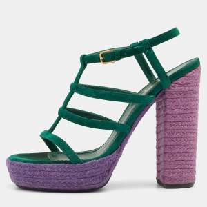 Pre Owned Yves Saint Laurent Green Suede Strappy Platform Espadrille Sandals Size 38