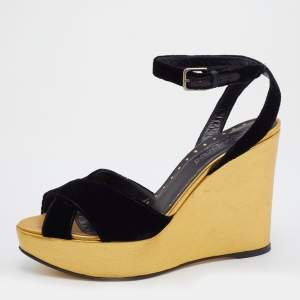Pre Owned Yves Saint Laurent Black Velvet Criss Cross Ankle Strap Wedge Platform Sandals Size 39