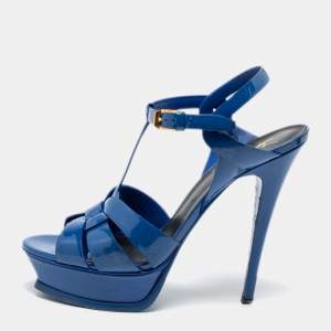 Pre Owned Yves Saint Laurent Blue Patent Tribute Sandals Size 39.5