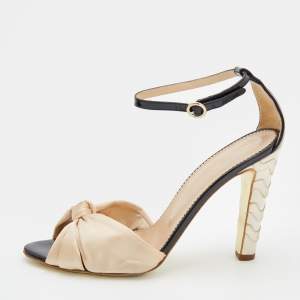 Pre Owned Yves Saint Laurent Beige/Black Satin Knotted Bow And Patent Leather Ankle Strap Sandals Size 39.5