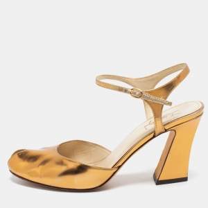 Pre Owned Yves Saint Laurent Gold Leather Ankle Strap Sandals Size 39.5