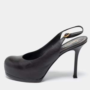 Pre Owned Yves Saint Laurent Black Leather Platform Slingback Sandals Size 39
