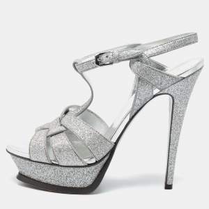 Pre Owned Saint Laurent Metallic Silver Leather Tribute Platform Ankle Strap Sandals Size 40