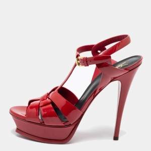 Saint Laurent Red Patent Leather Tribute Platform Ankle Strap Sandals Size 39.5