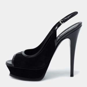 Pre Owned Yves Saint Laurent Black Suede And Patent Leather Tribtoo Slingback Platform Sandals Size 38