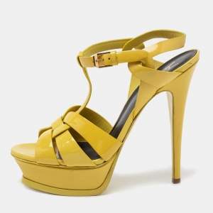 Pre Owned Yves Saint Laurent Yellow Patent Leather Tribute Platform Sandals Size 38