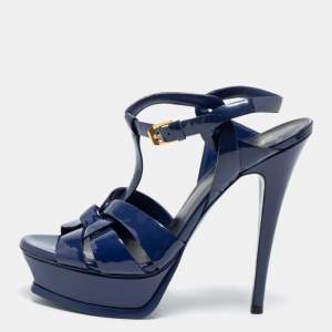 Pre Owned Yves Saint Laurent Blue Patent Leather Tribute Platform Sandals Size 38
