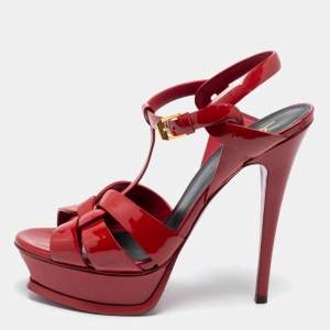Pre Owned Yves Saint Laurent Red Patent Leather Tribute Sandals Size 38