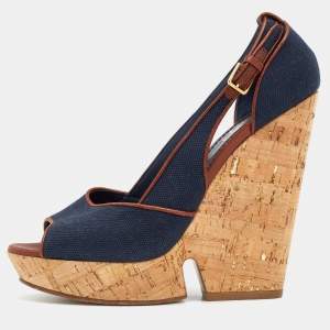 Pre Owned Yves Saint Laurent Navy Blue/Brown Canvas And Leather Deuville Cork Platform Wedge Sandals Size 39