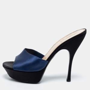 Pre Owned Yves Saint Laurent Navy Blue Satin Platform Slide Sandals Size 40.5