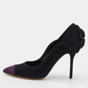 Pre Owned Yves Saint Laurent Black/Purple Suede and Fabric Pointed Toe Pumps Size 39