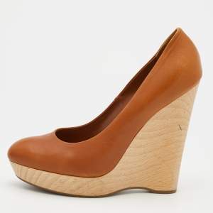 Pre Owned Yves Saint Laurent Brown Leather Wedge Platform Pumps Size 40.5