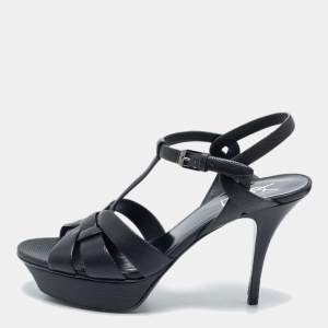 Pre Owned Yves Saint Laurent Black Leather  Tribute  Sandals Size 39.5