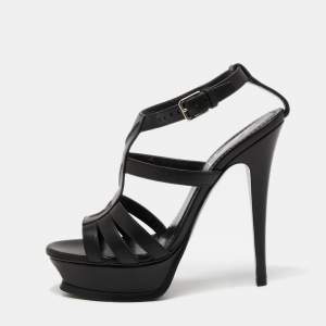 Pre Owned Yves Saint Laurent Black Leather Platform Sandals Size 37.5