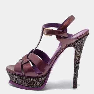 Pre Owned Yves Saint Laurent Purple/Brown Patent Leather Tribute Platform Sandals Size 37
