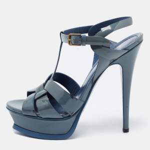 Pre Owned Yves Saint Laurent Grey Patent Leather Tribute Sandals Size 37