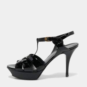 Pre Owned Yves Saint Laurent Black Patent Leather Tribute Platform Sandals Size 39