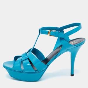 Pre Owned Yves Saint Laurent Blue Patent Leather Tribute Ankle Strap  Sandals Size 39