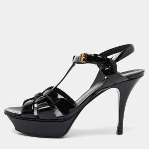 Pre Owned Yves Saint Laurent Black Patent Tribute Ankle Strap Sandals Size 37.5