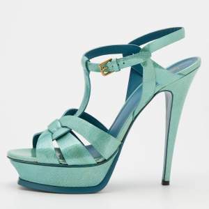 Pre Owned Yves Saint Laurent Mint Green Textured Patent Leather Tribute Platform Sandals Size 41