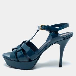 Yves Saint Laurent Navy Blue Patent Leather Tribute Platform Sandals Size 37