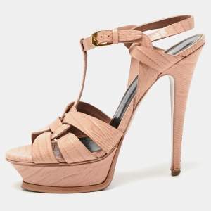 Pre Owned Yves Saint Laurent Pink Lizard Embossed Leather Tribute Ankle Strap Sandals Size 37.5