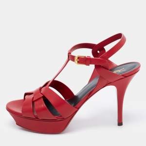 Pre Owned Yves Saint Laurent Red Leather Tribute Platform Sandals Size 40