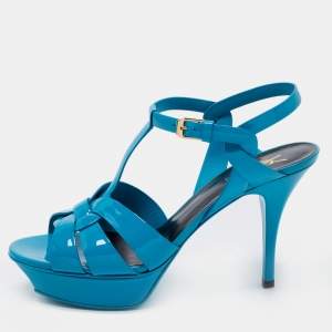 Yves Saint Laurent Blue Patent Leather Tribute Platform Sandals Size 39.5