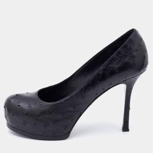 Pre Owned Yves Saint Laurent Black Ostrich Leather Tribtoo Platform Pumps Size 37.5