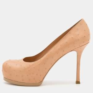 Pre Owned Yves Saint Laurent Beige Ostrich Leather Tribtoo Platform Pumps Size 37.5