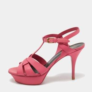Pre Owned Yves Saint Laurent Pink Leather Platform Tribute Sandals Size 38.5