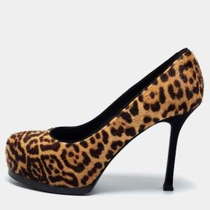 Yves Saint Laurent Beige/Brown Leopard Print Calf Hair Tribtoo Pumps Size 35