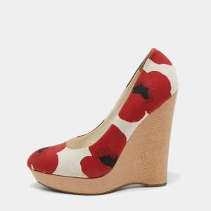 Pre Owned Yves Saint Laurent Red/White Flower Print Canvas Wedge Pumps Size 40