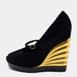 Pre Owned Yves Saint Laurent Black Suede Robyn Wedge Pumps Size 36