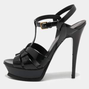 Pre Owned Yves Saint Laurent Black Patent Leather Tribute Sandals Size 36.5